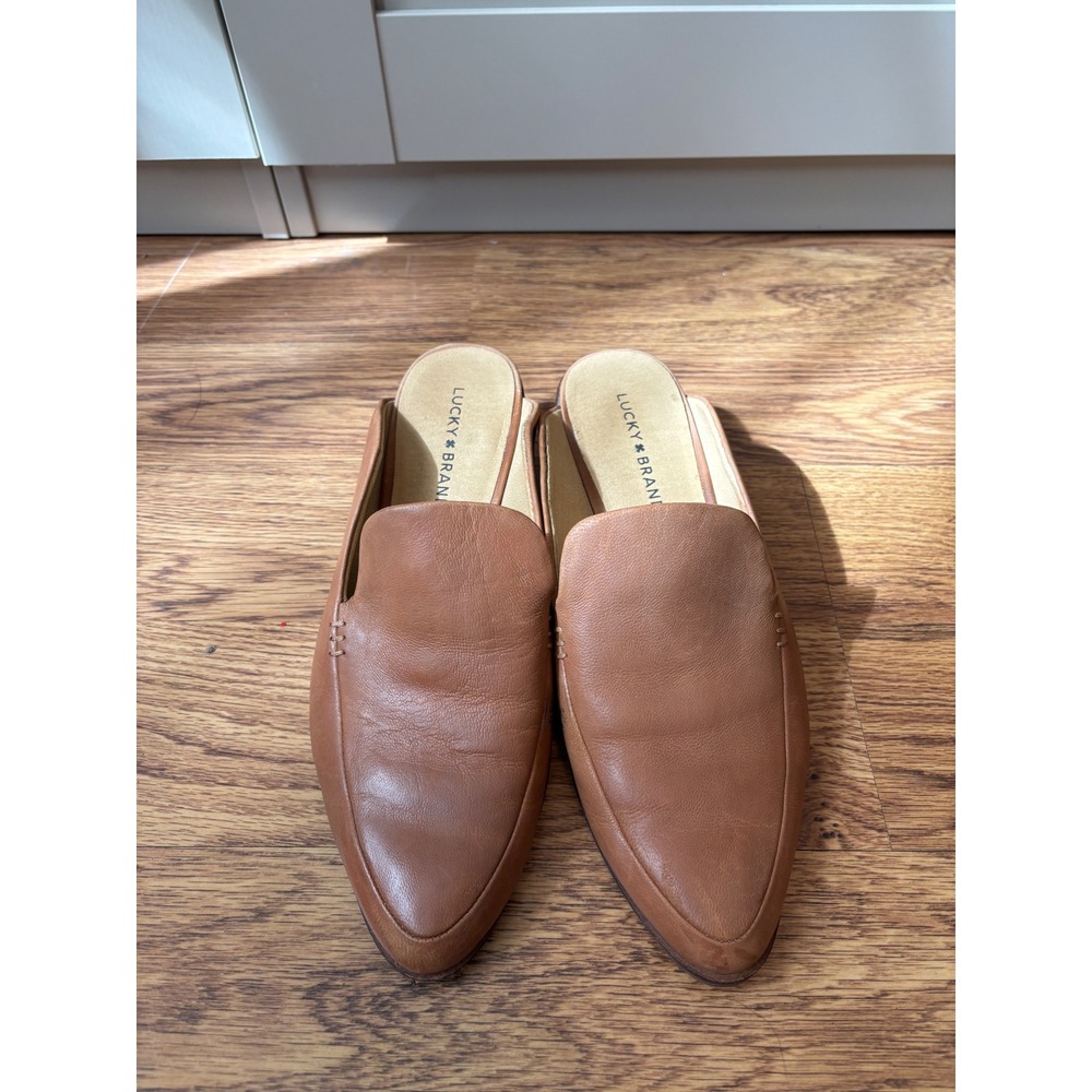 Lucky Brand Margorete Tan Leather Pointed Toe Mules Size 10M Cognac Slip On Shoe